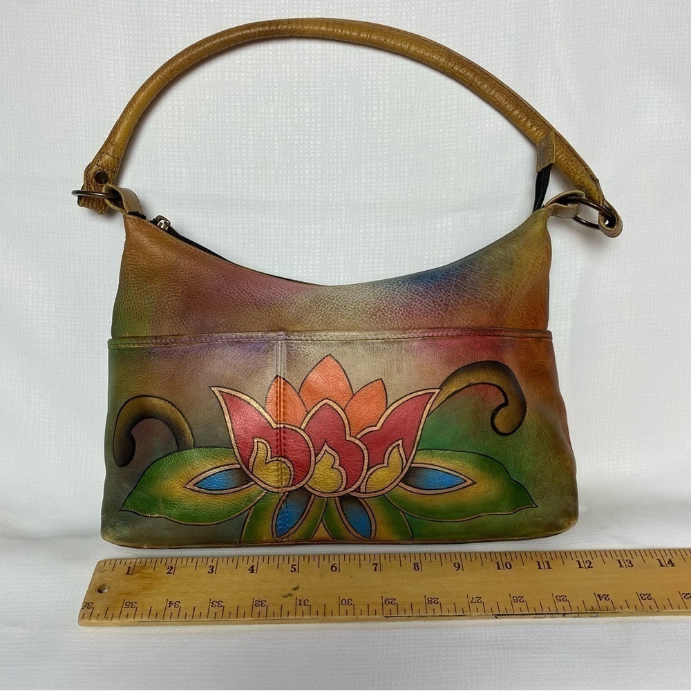 Anuschka Gorgeous Hand Painted Medium Zip Top Genuine Brown Leather Hobo Bag - Picture 7 of 15